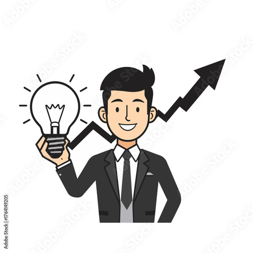 Cartoon businessman holding a lightbulb with an upward trending arrow behind him.