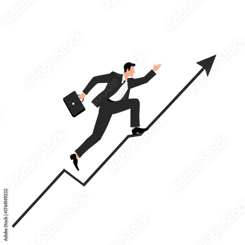 A businessman in a suit climbs an upward-pointing arrow, holding a briefcase.