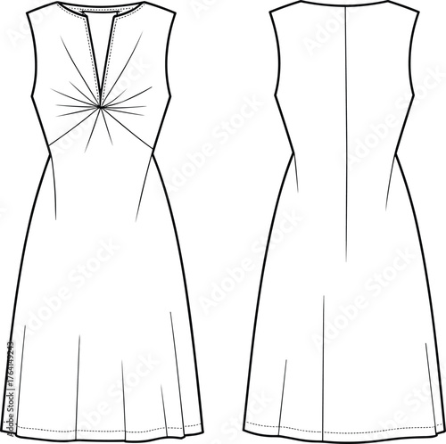 Technical Fashion Flat Sketch of a Women's Sleeveless Square Neck Midi Dress, Full Button-Front Closure, Belted Waist, and A-Line Skirt Vector Template.