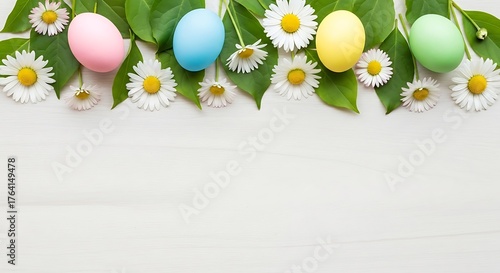 Creative layout made with colorful  flowers and Easter eggs. Minimal nature background. Spring holidays concept.