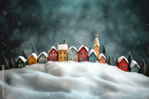 Colorful Christmas houses in snow, cozy winter fairytale miniature village with festive atmosphere, perfect for greeting card design, winter wonderland concept and New Year holiday illustration