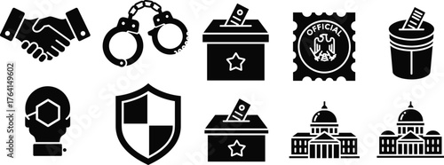 Government, Law, Justice, and Political Icon Set Vector Illustration