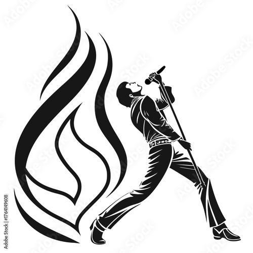 Dynamic singer passionately performing with microphone stand and flame accents