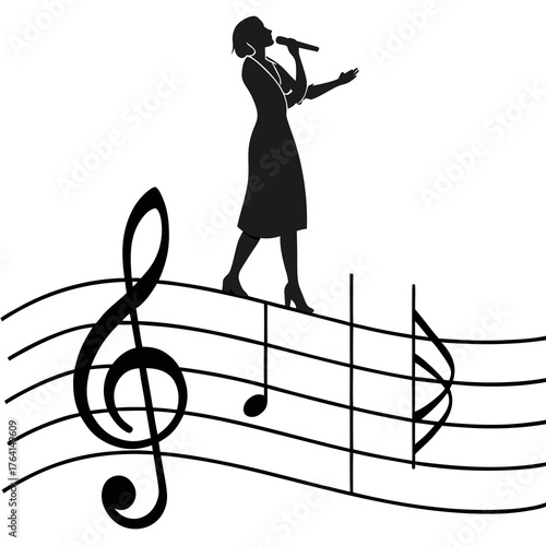 Elegant silhouette singer performing on musical staff with microphone art
