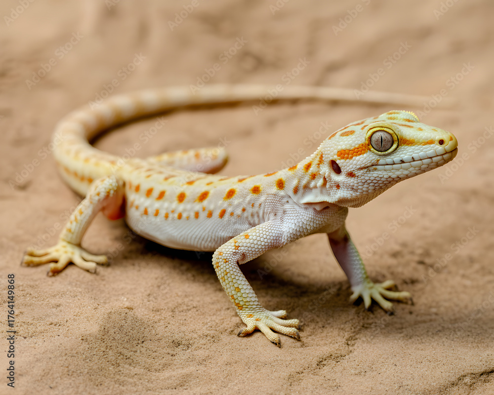 Naklejka premium Stunning tokek gecko with vibrant orange spots and piercing eyes poses on sandy ground, capturing intricate natural detail