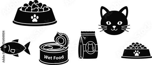 Cat Food, Pet Supplies, and Feeding Icon Set Vector Illustration