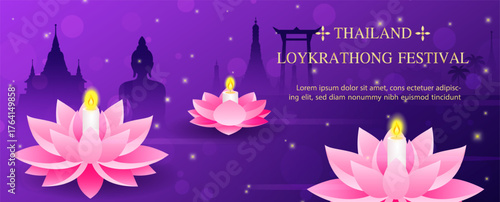 Poster of Thailand tradition in river worship, Loy Kratong Festival with wording of event, example texts on gradient of purple background.
