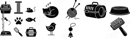 Cat and Pet Care Supplies, Toys, and Accessories Icon Set Vector