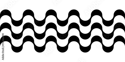 Abstract geometric wave pattern in black and white, traditional Portuguese sidewalk style. Copacabana boardwalk design from Rio de Janeiro, repeating vector background.