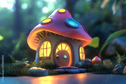 Mushroom house in forest with glowing windows