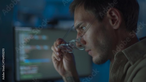 Cybersecurity engineer working late at computer in dark office