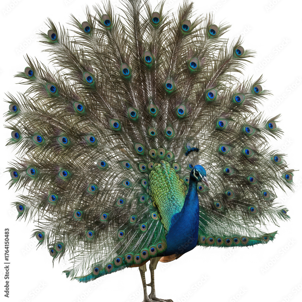 Fototapeta premium Elegant peacock displaying feathers isolated on transparent background