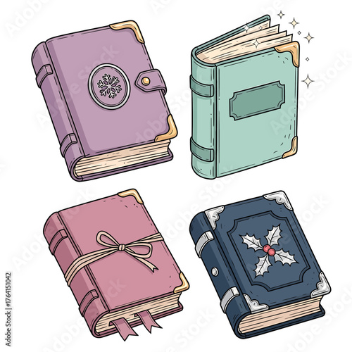 A collection of four beautifully illustrated fantasy books with decorative covers and ornate gold corner details, suggesting magical or ancient tomes.