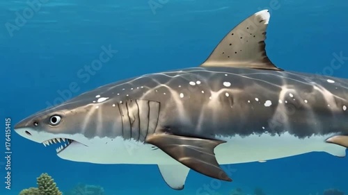 stylized, animated gray and white shark with large teeth swims dynamically towards the camera through clear blue water over a coral reef. The shark has distinct white spot patterns along its body
