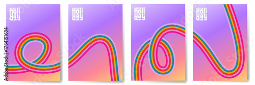 happy holidays greeting card illustration, flat ribbon line background design with bright color style