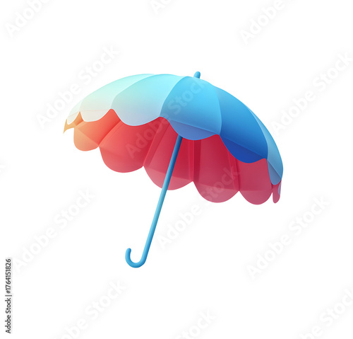 A 3D featuring a simple beach umbrella design with blue and red gradient colors , isolated on a white background