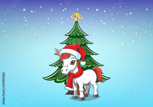 Vector cartoon of cute little white foal with ginger mane and tail, wearing Santa Claus hat and red scarf. Green festive fir tree. Merry Christmas and Happy New Year. Snowflakes and toon pony
