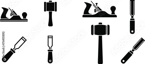 Woodworking Hand Tools Glyph Icons | Carpentry Plane, Mallet, and Chisel Symbols