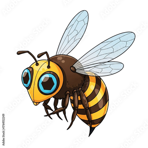 Adorable Honey Bee with Big Blue Eyes, Cartoon Insect Flying, Vector Illustration Isolated on White