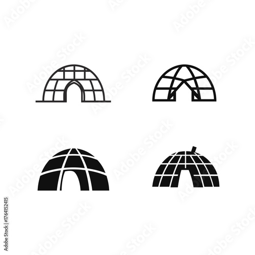 A set of four simple black and white icons or logos representing an igloo or geodesic dome structure