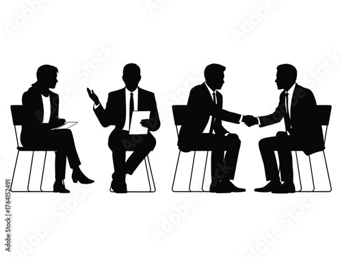 Business professionals in silhouette meeting and shaking hands interview handshake