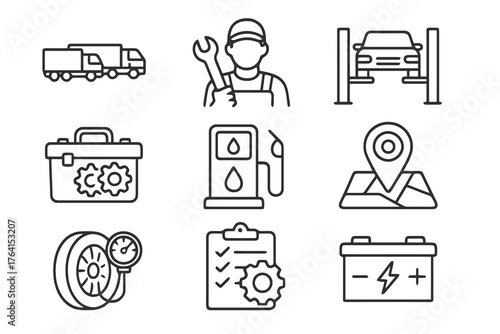 Black thin line vector icons of fleet management and vehicle maintenance including mechanic, tools, and trucks, perfect for logistics and service design.
