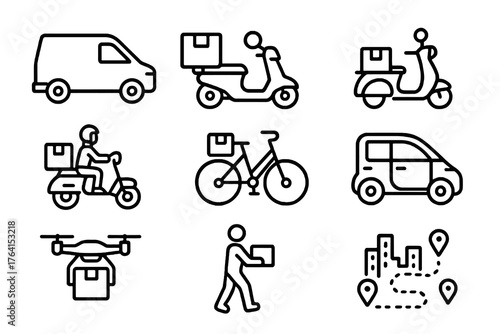 Set of 9 minimalist black line icons showing urban transport and delivery systems such as bikes, scooters, and small trucks, perfect for business design.