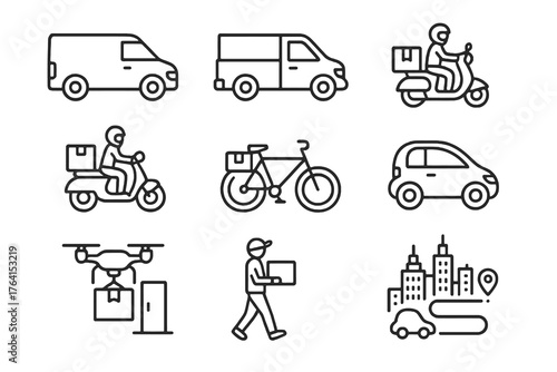 Black thin line vector icons of urban delivery vehicles like van, motorcycle, and drone, ideal for courier services, logistics, and transport illustrations.