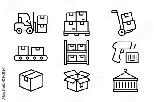 Set of 9 minimalist black icons of packaging and cargo management such as conveyor belt, scanner, and warehouse shelf, perfect for logistics design.