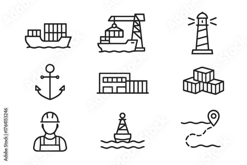 Set of 9 minimalist black line icons representing sea transport, dock management, and export logistics, perfect for global trade and freight visuals.