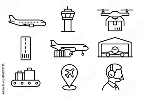 Set of 9 minimalist black line icons representing global air transport including luggage, containers, and runways, perfect for logistics and travel design.