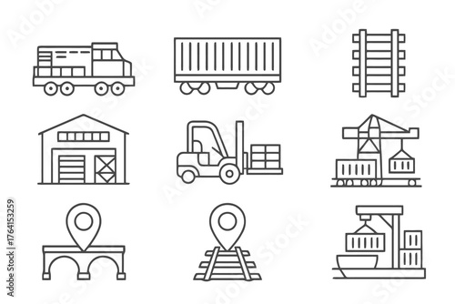 Set of 9 minimalist black icons of rail cargo and logistics infrastructure including train, port, and storage facilities for commercial design use.