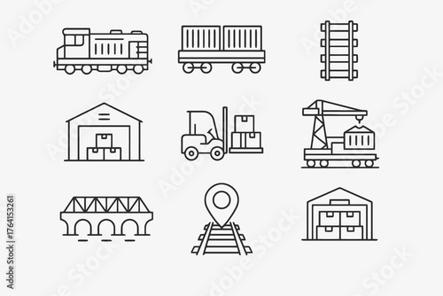 Black thin line vector icons on transparent background showing railway logistics elements like trains, cranes, and warehouses for transport and shipping.