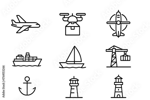 Black thin line vector icons of air and sea transport including airplane, ship, and drone, perfect for logistics, delivery, and travel industry design.