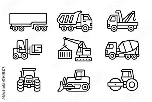 Black thin line vector icons of heavy commercial vehicles like truck, crane, and bulldozer, perfect for logistics, construction, and industrial design.