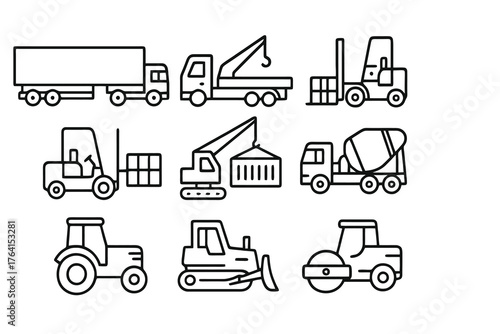 Set of 9 linear icons showing land transport and construction machines such as forklifts, mixers, and trailers, ideal for cargo and warehouse graphics.