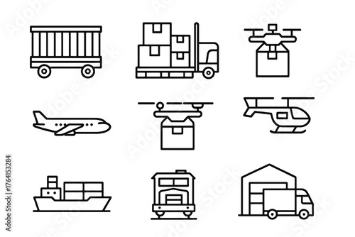 Set of 9 minimalist line icons showing transport and storage vehicles such as forklift, drone, and warehouse, perfect for industry and shipping visuals.