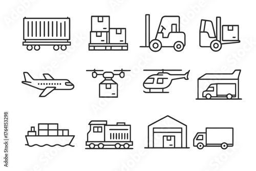 Black thin line vector icons of commercial vehicles and cargo transport including airplane, truck, and ship, ideal for logistics and delivery design.