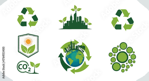 Eco illustration set representing a sustainable urban lifestyle with recycle signs, renewable cityscapes, global green concepts, and environmental awareness designs.