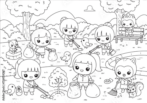 Volunteers cleaning park and planting trees outline for coloring page. International Volunteer Day