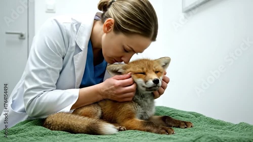 Red fox care and examination by medical professional in indoor setting