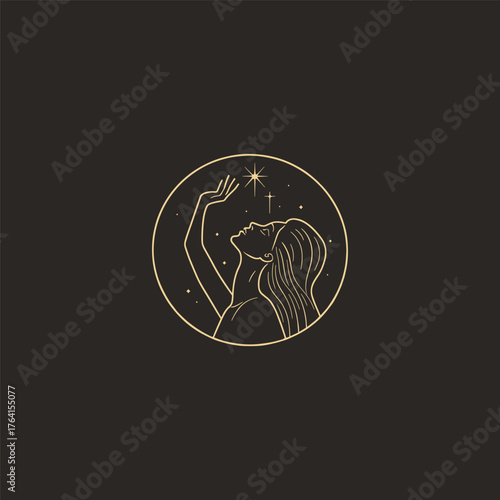 Elegant monochrome illustration featuring a stylized female figure reaching up to touch stars in a cosmic night sky