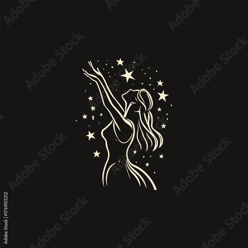 Elegant monochrome illustration featuring a stylized female figure reaching up to touch stars in a cosmic night sky