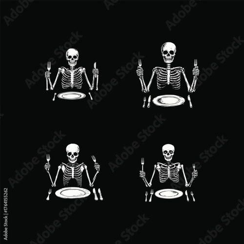 A set of four humorous yet macabre vintage engraving illustrations of a skeleton seated at a table, holding a knife and fork, with an empty plate