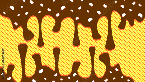 Chocolate drip on waffle pattern background. Dripping milk illustration. Ice cream drip on waffle background. Hand-drawn chocolate with cheese topping drip on waffle background.