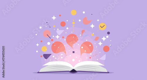 Ignite imagination with this open book radiating creativity. Perfect for educational materials, storytelling projects, or sparking innovative ideas with its vibrant colors and abstract shapes.