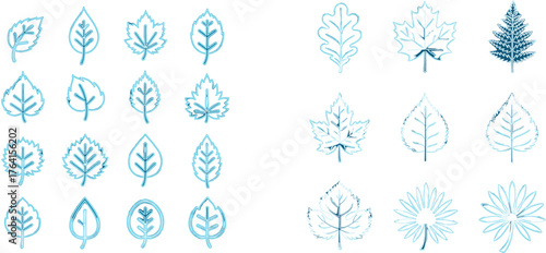 Abstract Blue Leaf Line Art Icons | Icy Winter Foliage with Distressed Digital Sketch Effect