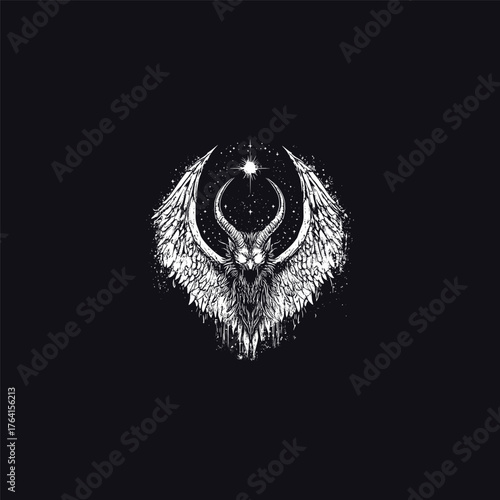 Dark and detailed vector illustration of a demonic creature or dragon head with large spread wings and sharp horns
