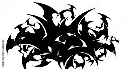 A chaotic swarm of spiky black silhouettes resembling demonic bat wings. Abstract vector graphic isolated on white, perfect for gothic or tribal tattoo designs.