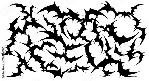 A chaotic cluster of aggressive black silhouettes resembling thorny bat wings. Abstract vector art isolated on white, ideal for horror or gothic designs.